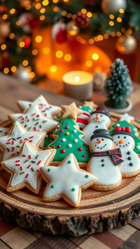 A variety of decorated Christmas cookies in festive shapes on a wooden platter.